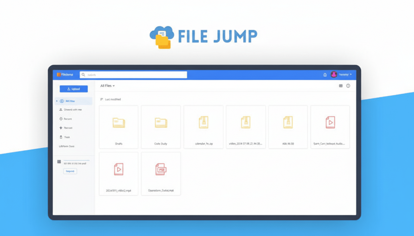 A professional presentation of the File Jump application interface, resized to a 16:9 aspect ratio. The application displays various file icons within a clean, modern design, set against a blue and white background.