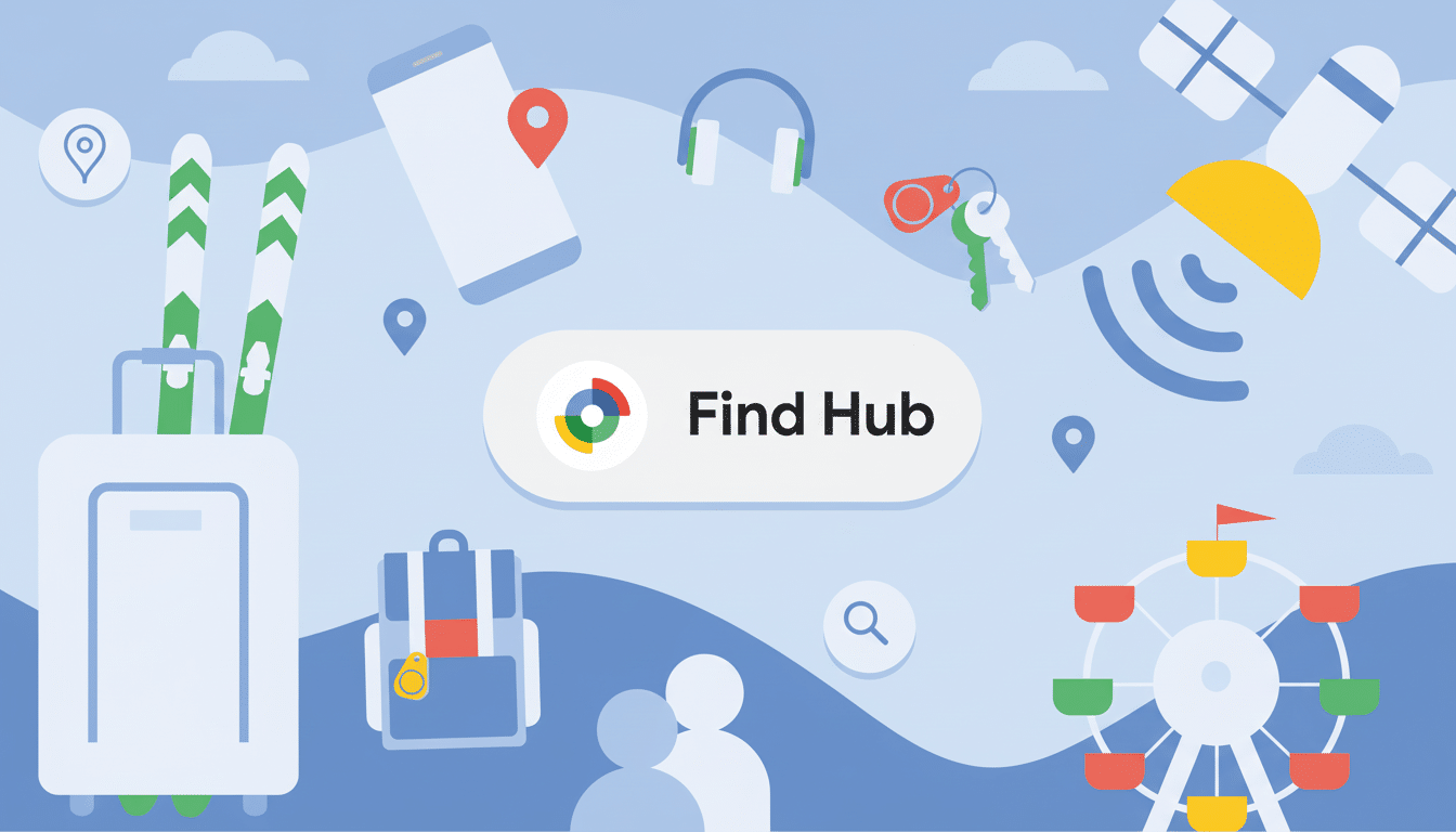 The Find Hub logo is centered on a light blue background with various travel and technology-related icons, including a suitcase with skis, a smartphone, headphones, keys, a satellite, a backpack, people icons, a magnifying glass, and a Ferris wheel.