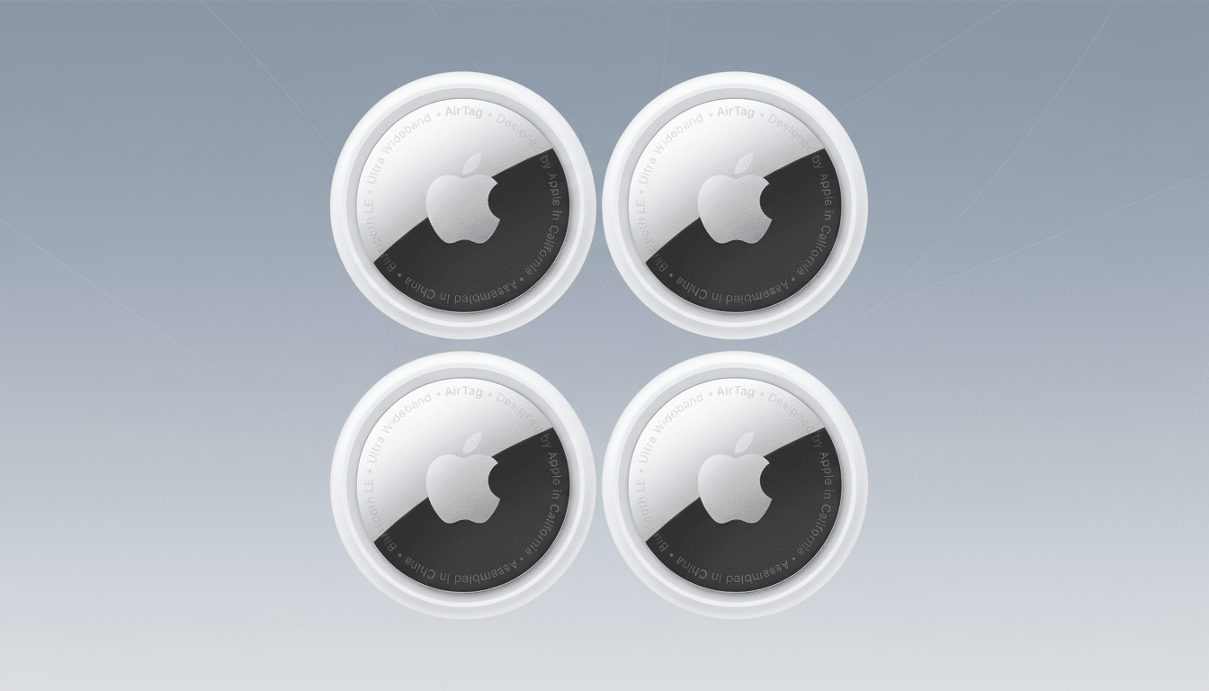 Four Apple AirTags are arranged in a 2x2 grid on a professional flat design background with soft gray gradients and subtle patterns.