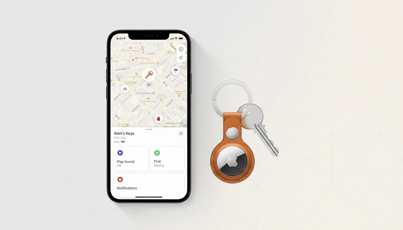 An iPhone displaying a map with a key icon and an AirTag attached to a set of keys on a light background.