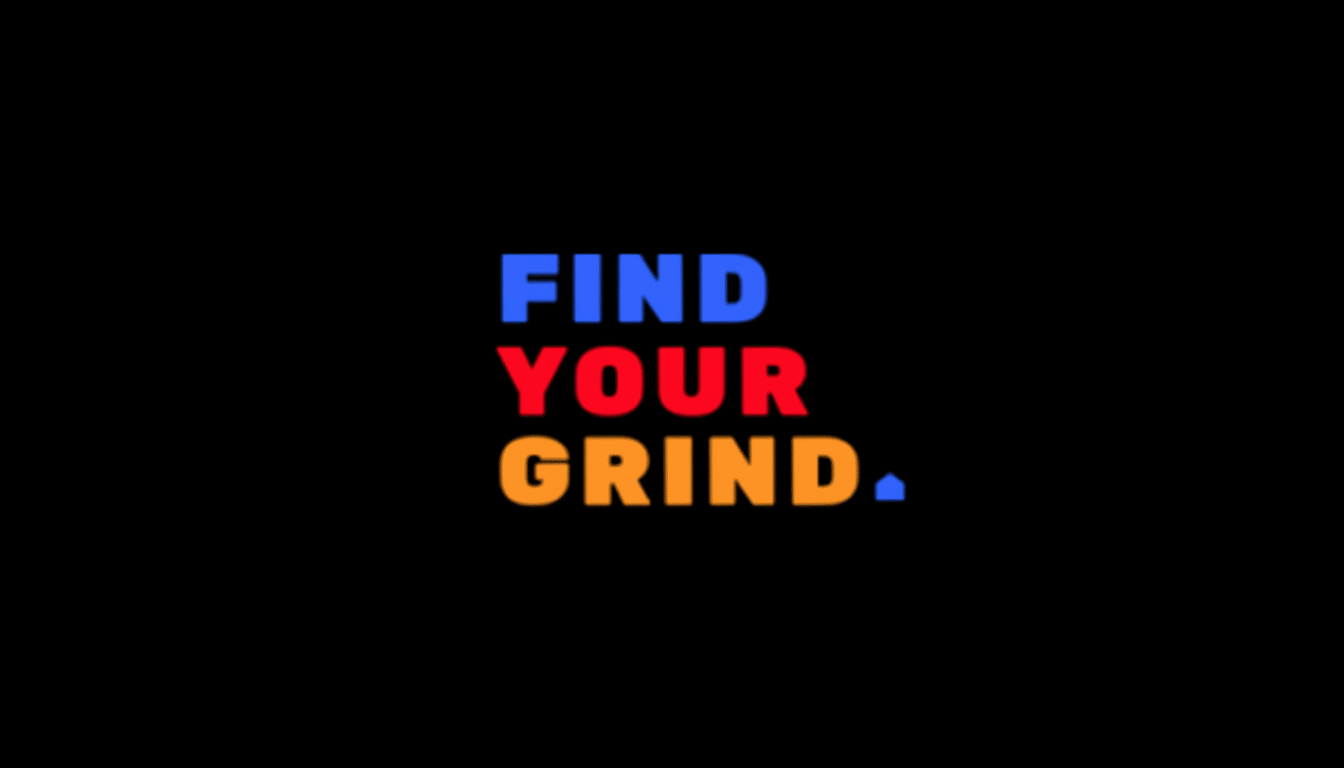The text FIND YOUR GRIND. in blue, red, and orange on a black background, resized to a 16:9 aspect ratio.