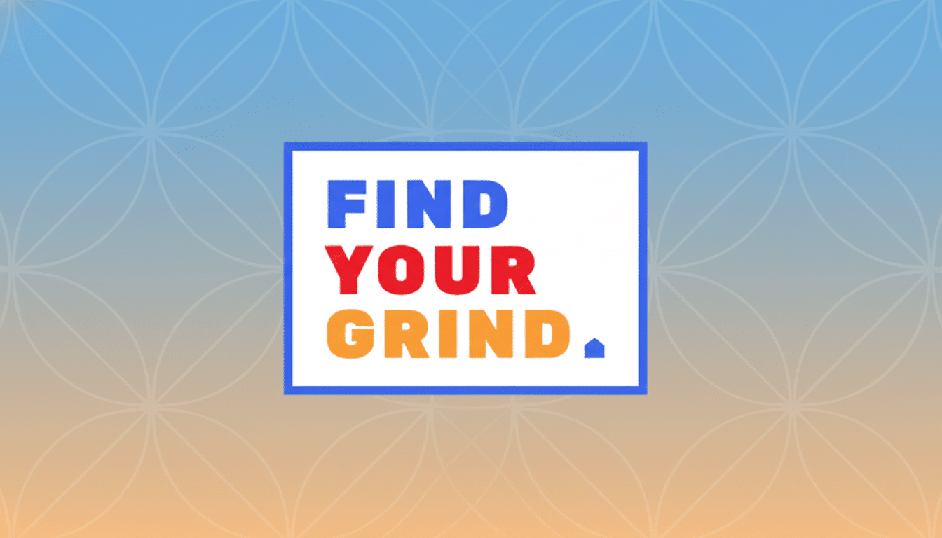The Find Your Grind logo, featuring the words FIND in blue, YOUR in red, and GRIND. in orange, all enclosed within a blue rectangular border, set against a professional 16:9 aspect ratio background with a soft blue and orange gradient and subtle geometric patterns.