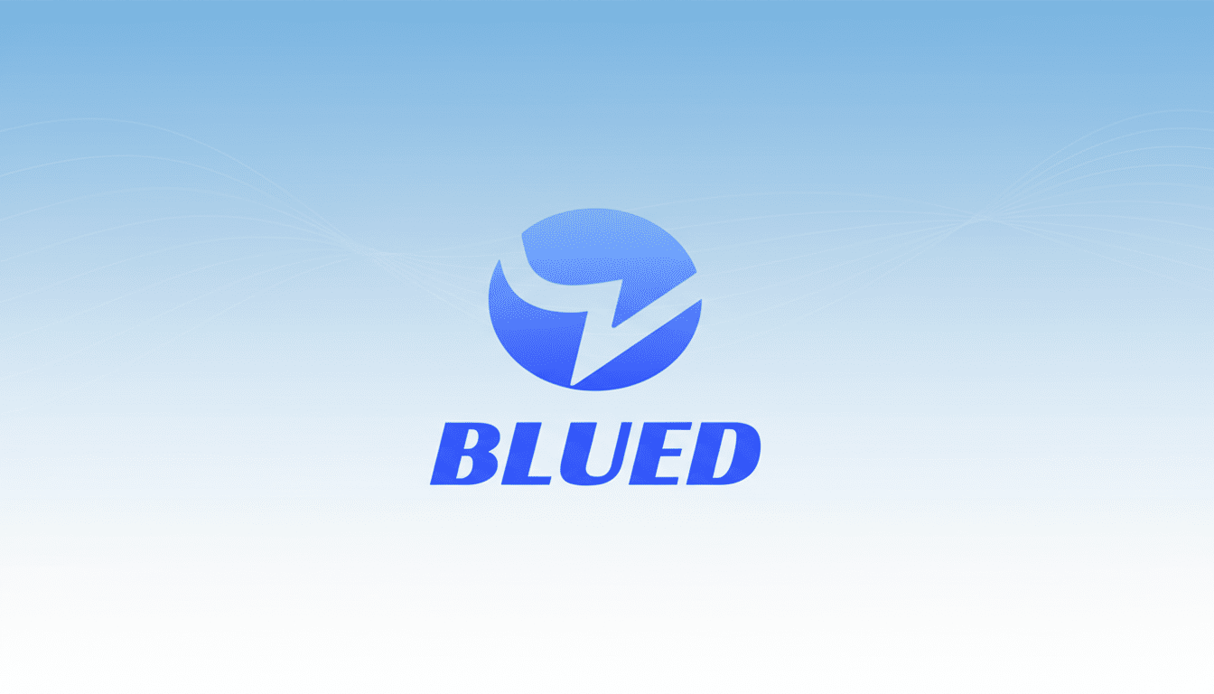 The Blued logo, featuring a blue gradient circle with a white stylized V or checkmark design, centered on a light blue gradient background with subtle wave patterns.