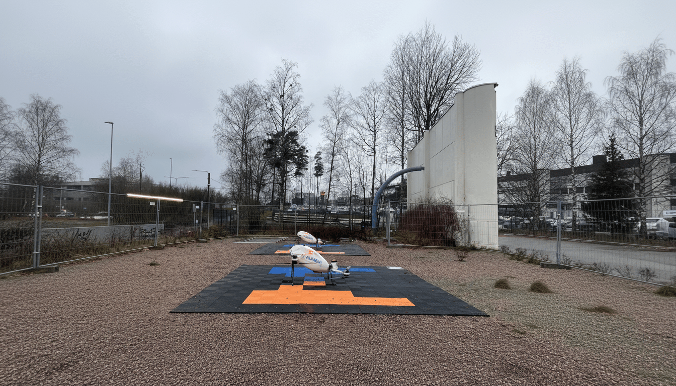 Two white delivery drones with MANNA logos resting on black and orange landing pads in an outdoor, gravel-covered area with bare trees and a white building in the background.