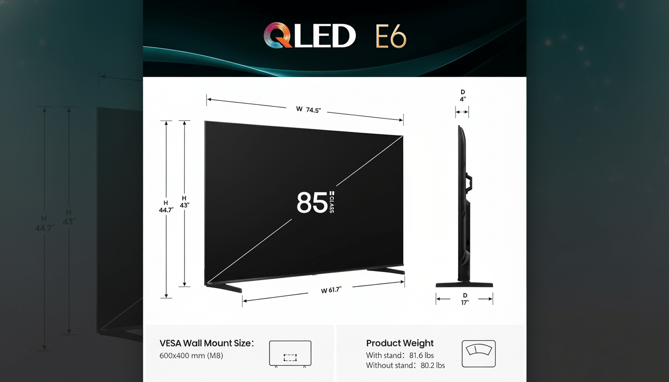 A professional product image of a QLED E6 television, showcasing its dimensions, weight, and VESA wall mount size, presented on a clean, dark background with subtle green and blue light effects.