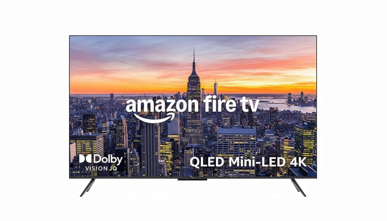 An Amazon Fire TV QLED Mini-LED 4K television with a cityscape displayed on its screen, set against a white background.