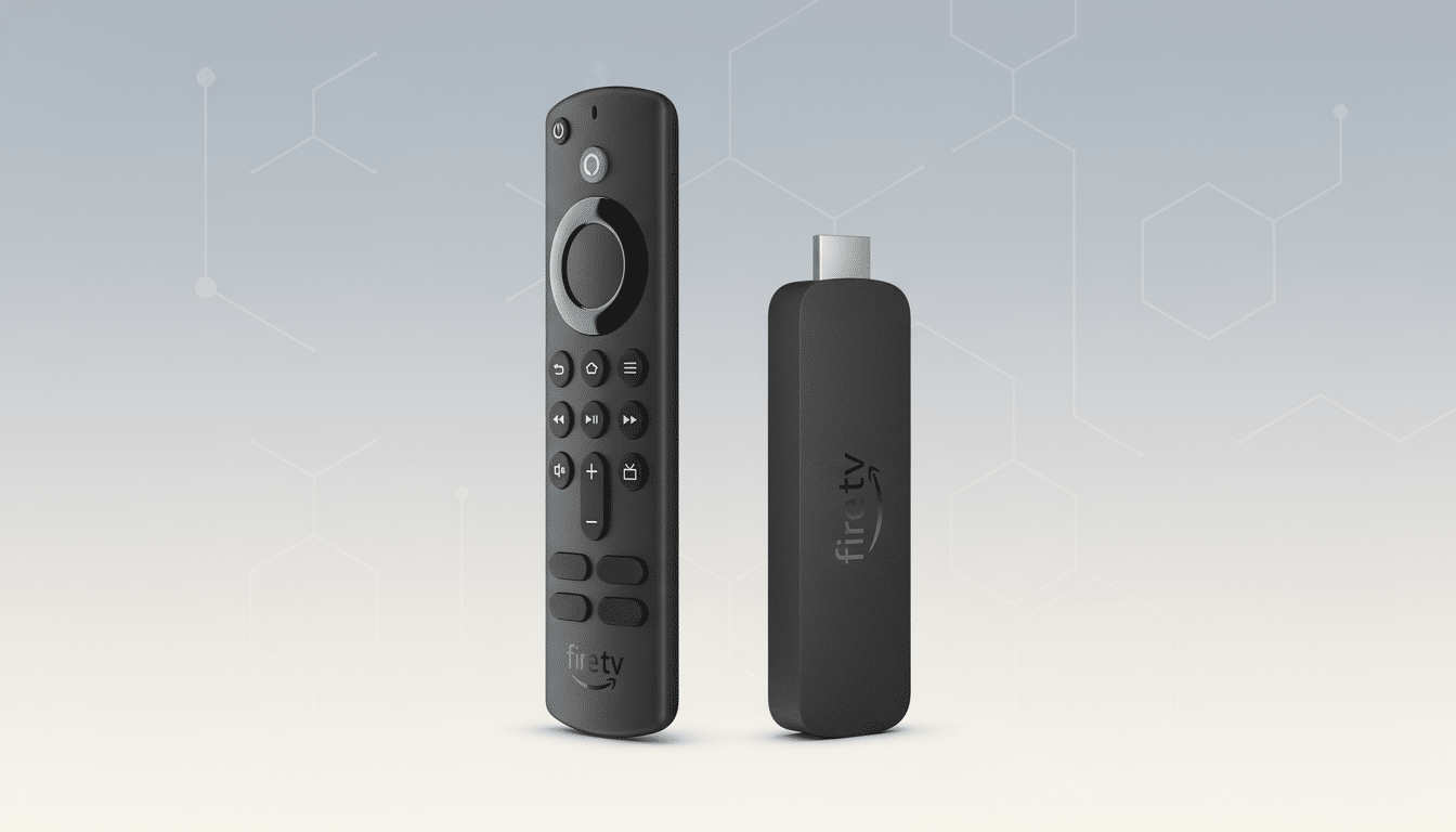 An Amazon Fire TV Stick and its remote control are displayed on a professional flat design background with soft patterns and gradients.