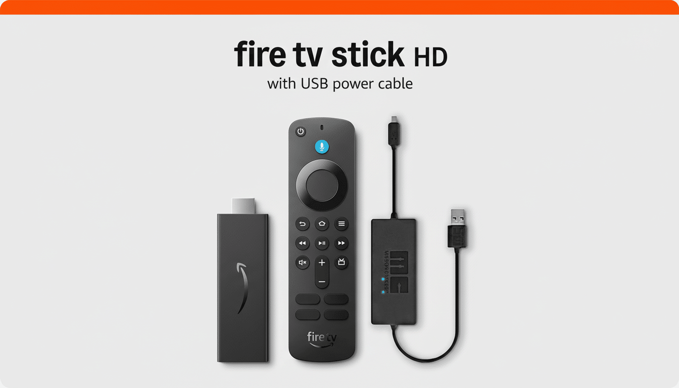 A Fire TV Stick HD, remote, and USB power cable are displayed against a professional flat gray background with a subtle gradient.