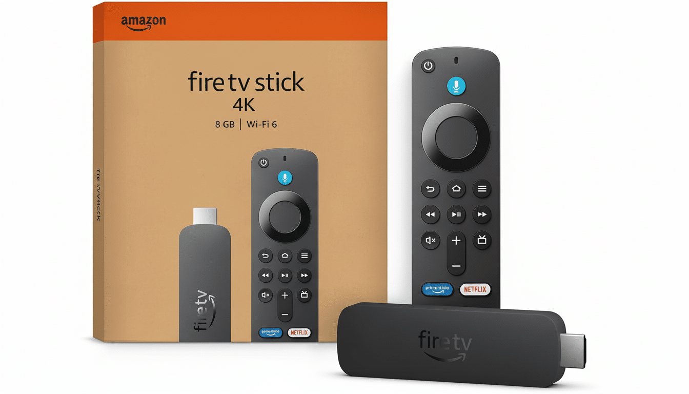 A 16:9 aspect ratio image of an Amazon Fire TV Stick 4K, its remote, and its packaging, presented professionally on a clean white background.