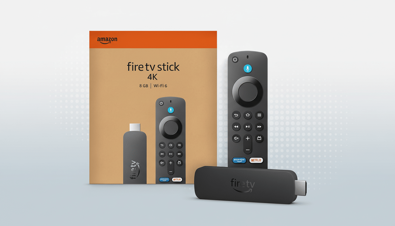 A professional studio shot of the Amazon Fire TV Stick 4K, its remote, and its packaging, all arranged on a clean, light gray background with subtle dot patterns.