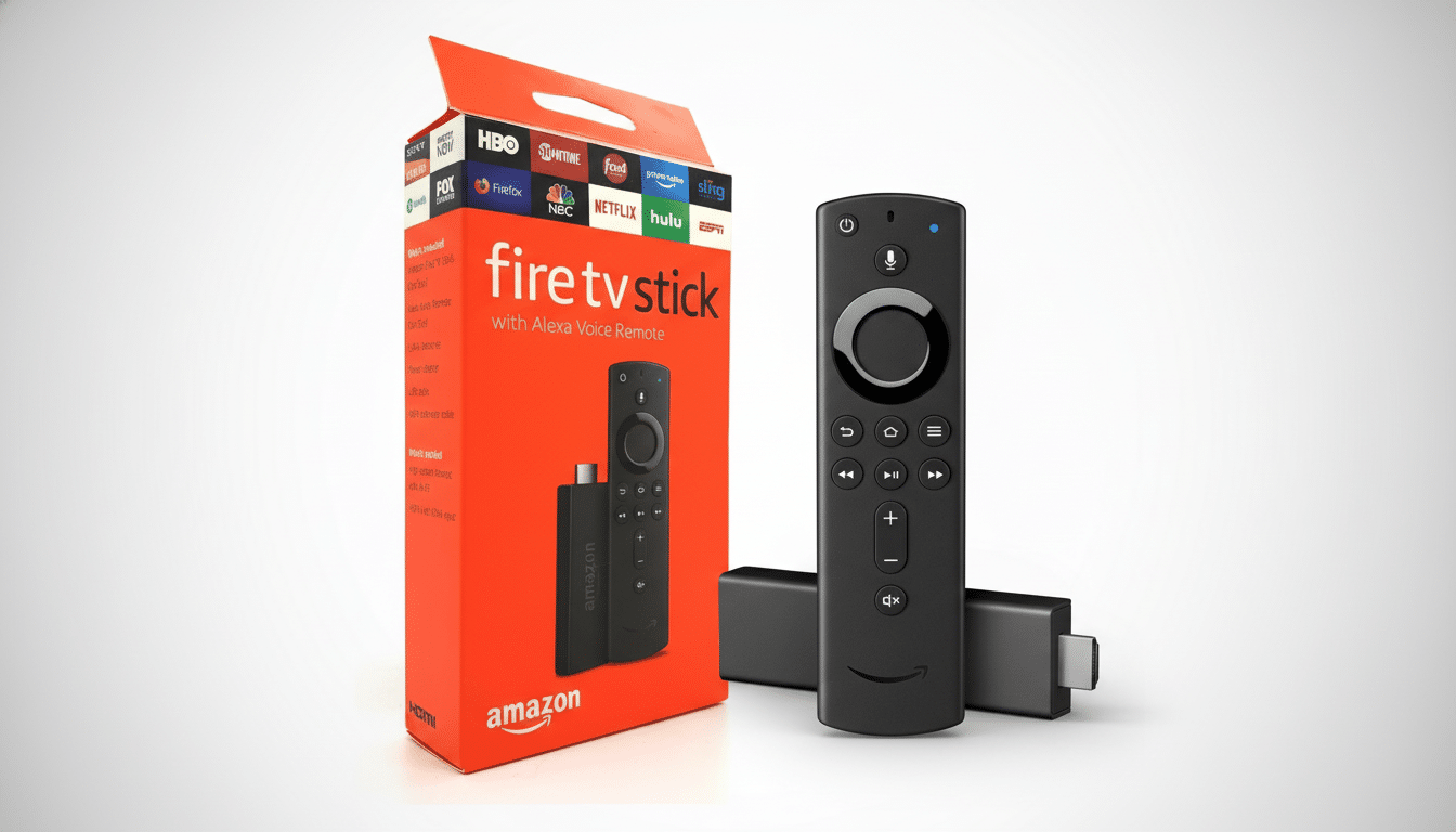 An Amazon Fire TV Stick with Alexa Voice Remote, next to its orange packaging, presented on a clean, professional background.