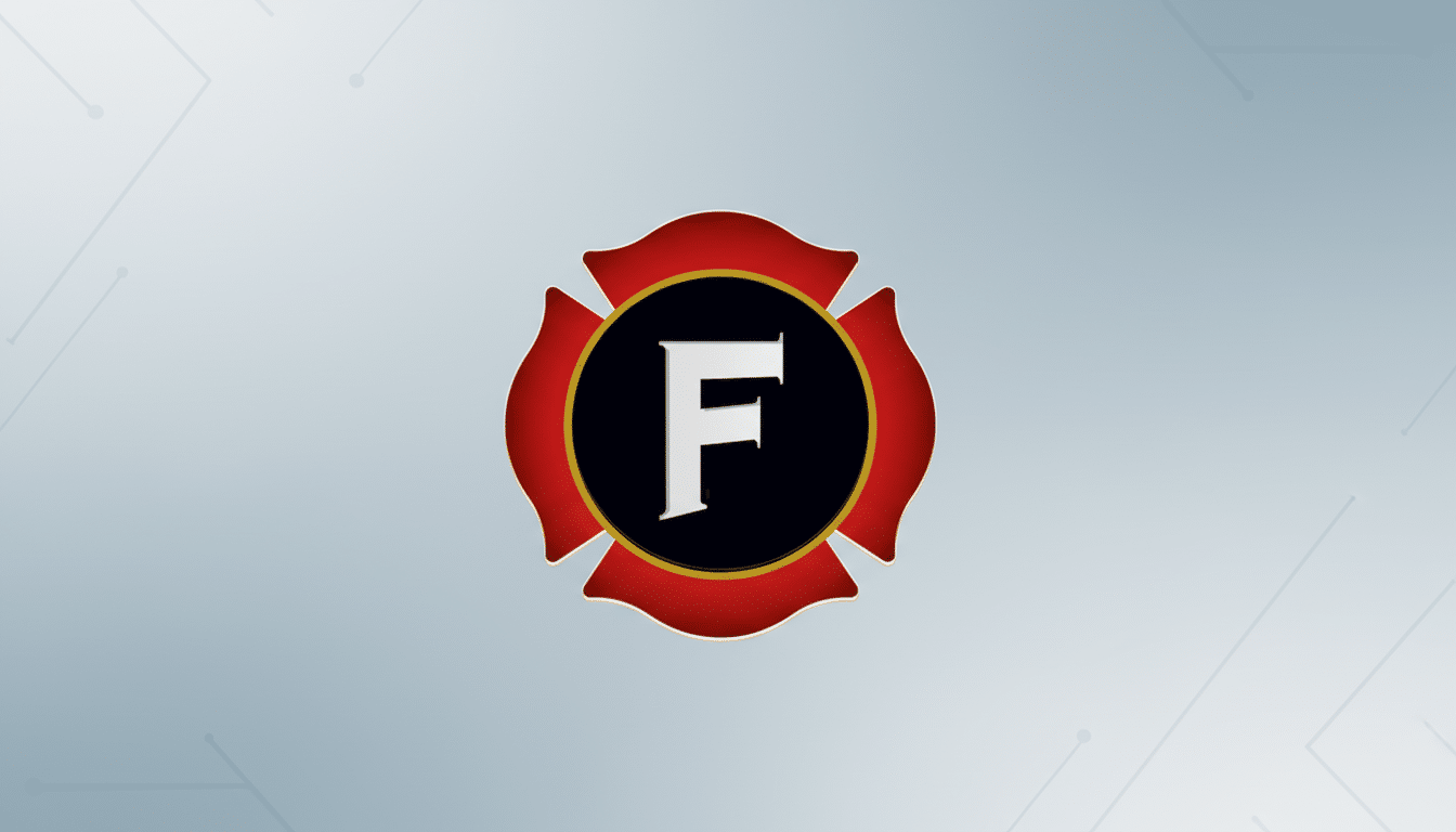 A red and black firefighters Maltese cross emblem with a white letter F in the center, set against a professional light gray background with subtle circuit board-like patterns.