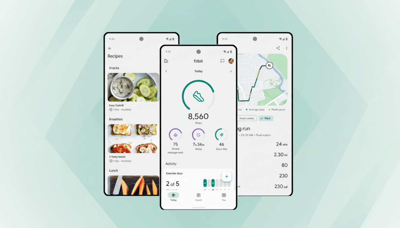 Three smartphones displaying different screens of the Fitbit app, set against a professional flat design background with soft patterns.