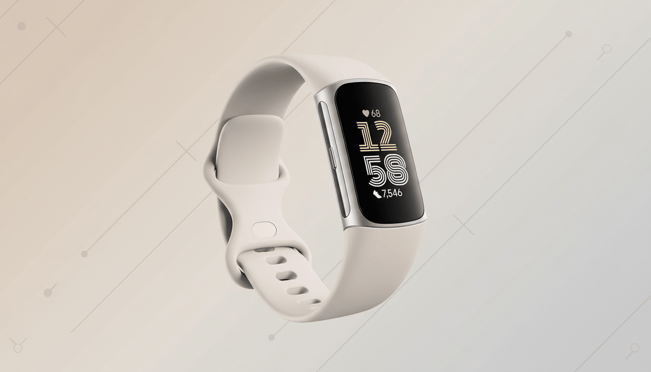 A light beige fitness tracker with a silver frame and a black screen displaying 12:58, a heart rate of 68, and 7,546 steps, set against a professional flat design background with soft patterns and gradients.