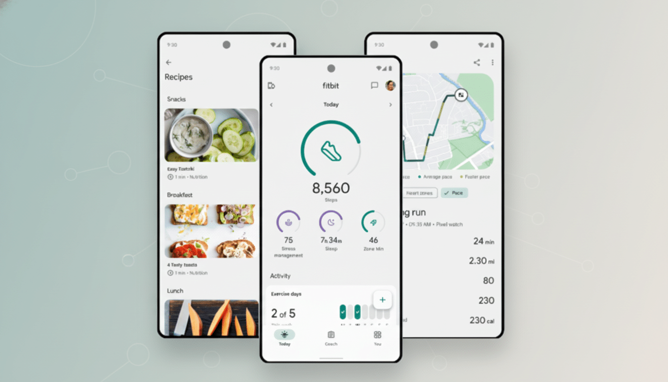Three mobile phones displaying different fitness and recipe app interfaces, set against a professional flat design background with soft patterns.