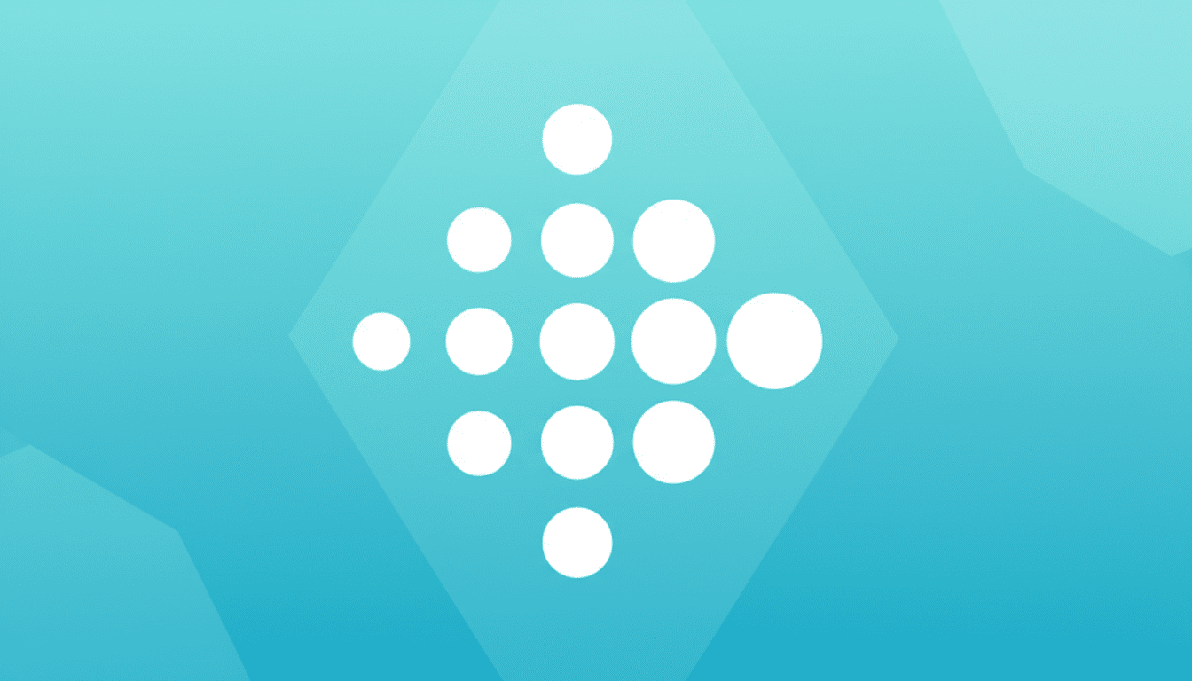 The Fitbit logo, a cluster of white dots forming a diamond shape, centered on a professional 16:9 aspect ratio background with a soft blue gradient and subtle geometric patterns.