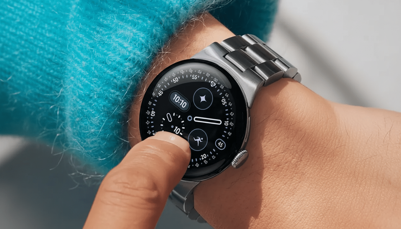 A close-up of a persons wrist wearing a silver smartwatch with a black face, displaying various icons and numbers. The persons finger is touching the screen.