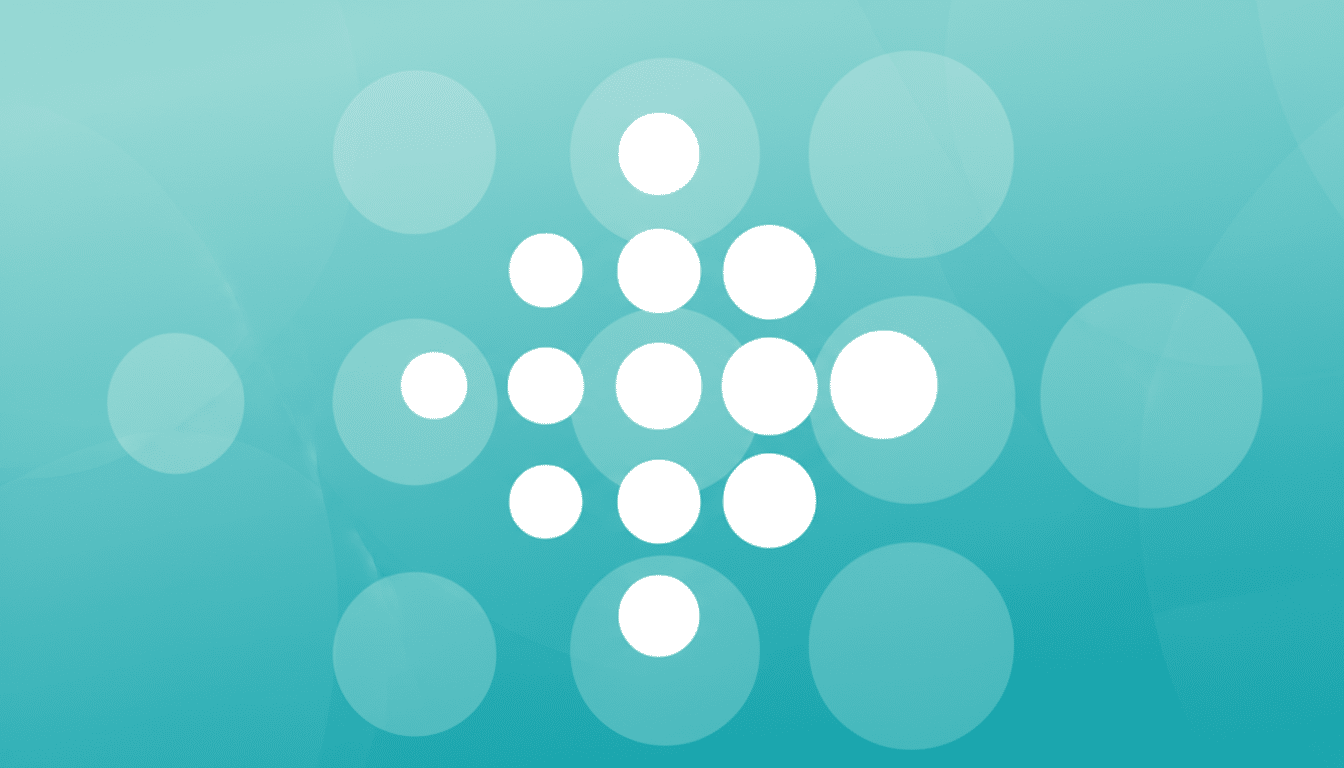 The Fitbit logo, consisting of white circles arranged in a cross-like pattern, centered on a professional 16:9 aspect ratio background with a soft teal gradient and subtle, lighter teal circular patterns.