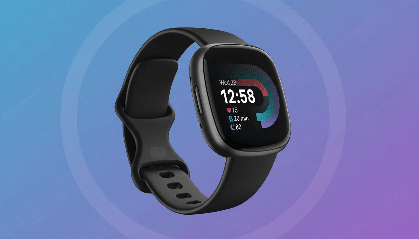 A black Fitbit Sense smartwatch with a black band is displayed against a professional flat design background with soft blue and purple gradients. The watch face shows Wed 28 and 12:58 along with health metrics.