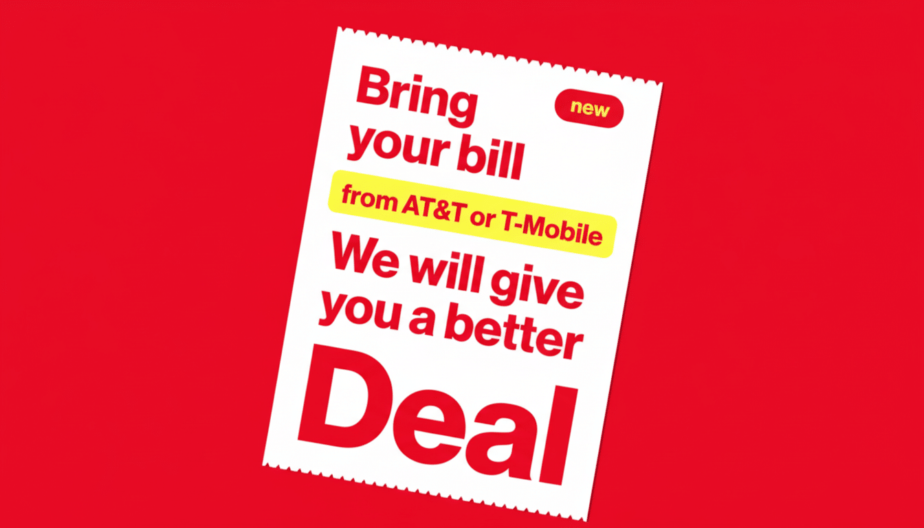 A white rectangular flyer with a serrated top edge, set against a red background. The flyer has bold red text that reads Bring your bill from AT&T or T-Mobile We will give you a better Deal. The words from AT&T or T-Mobile are highlighted in yellow, and a small red oval with the word new in white is in the top right corner of the flyer.