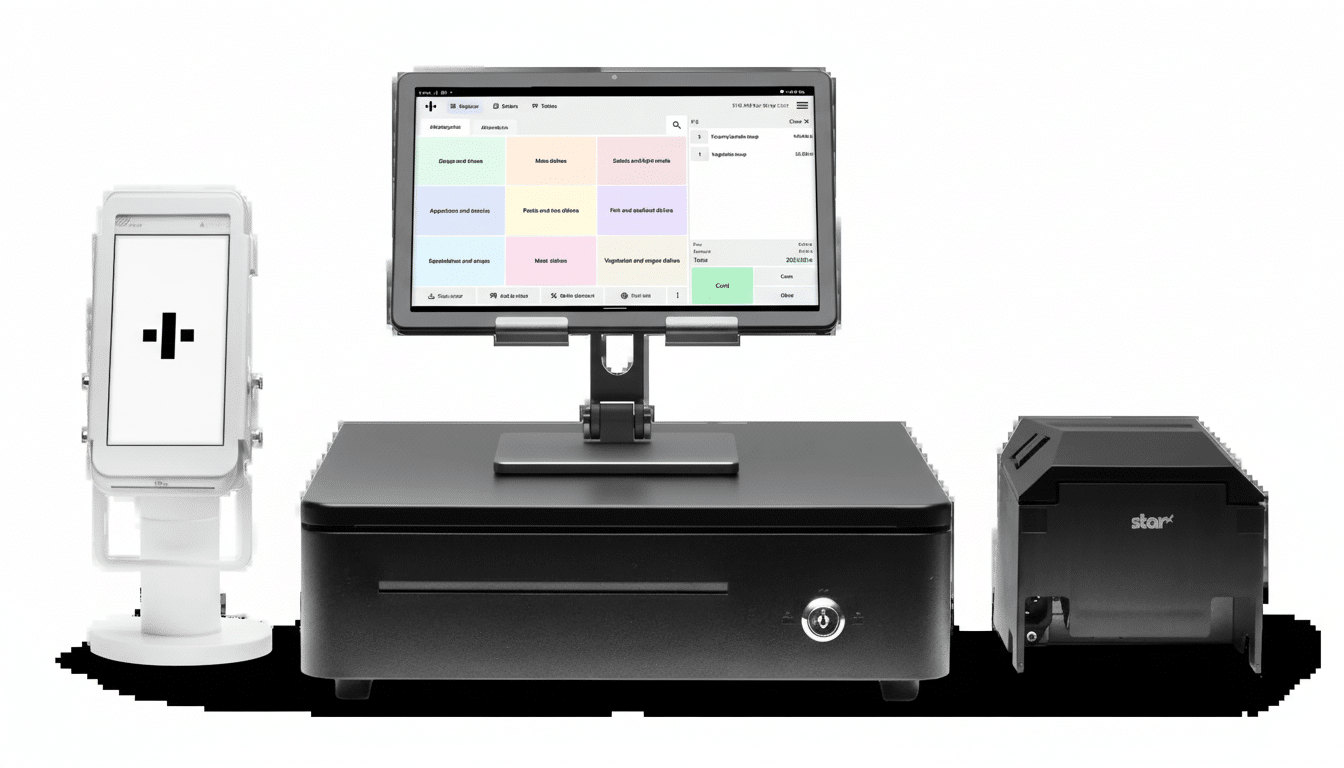 A professional point-of-sale system with a tablet display, cash drawer, and receipt printer, presented on a white background.