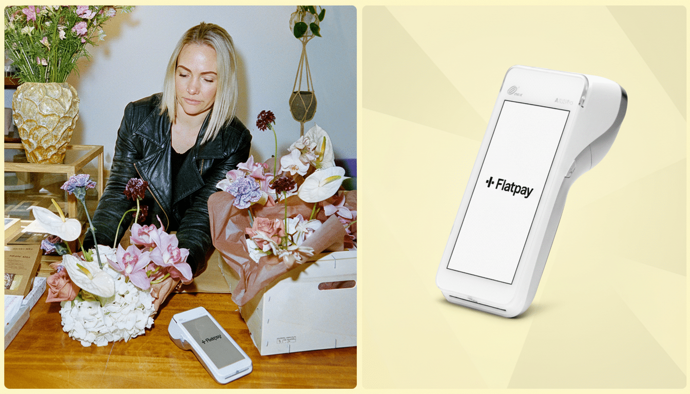 A split image showing a woman arranging flowers on the left, and a white payment terminal with the Flatpay logo on a yellow background with a subtle gradient on the right.