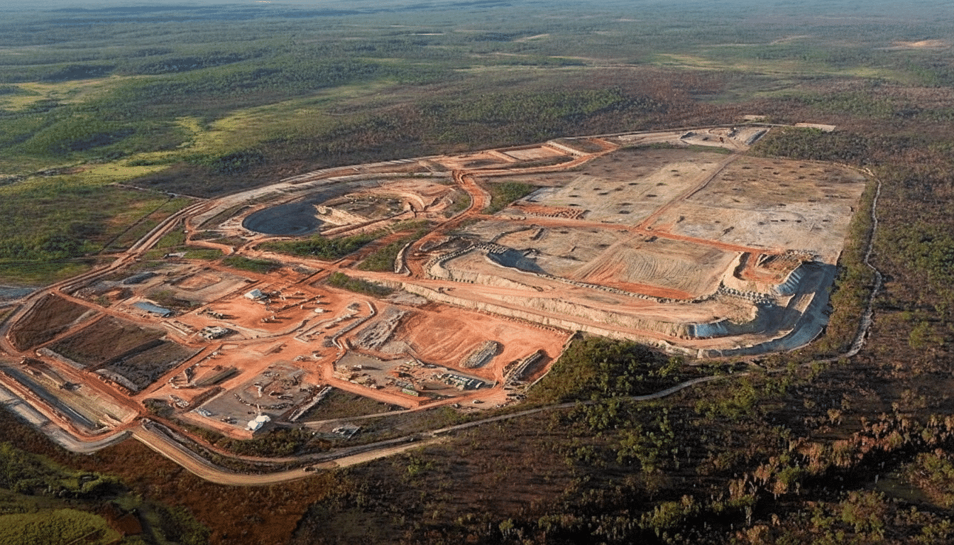 An aerial view of a large open-pit mine surrounded by green forest.