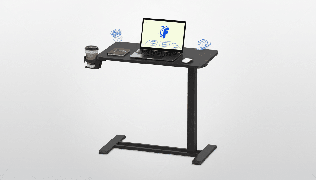 A black mobile standing desk with a laptop displaying a blue F logo, a coffee cup, and a notebook, set against a professional light gray background.