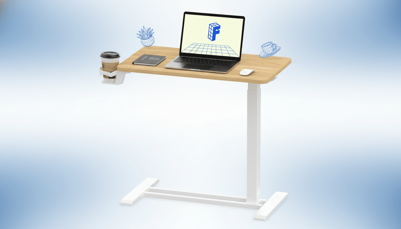 A professional image of a portable standing desk with a laptop, coffee cup, and notebook, set against a soft blue gradient background.
