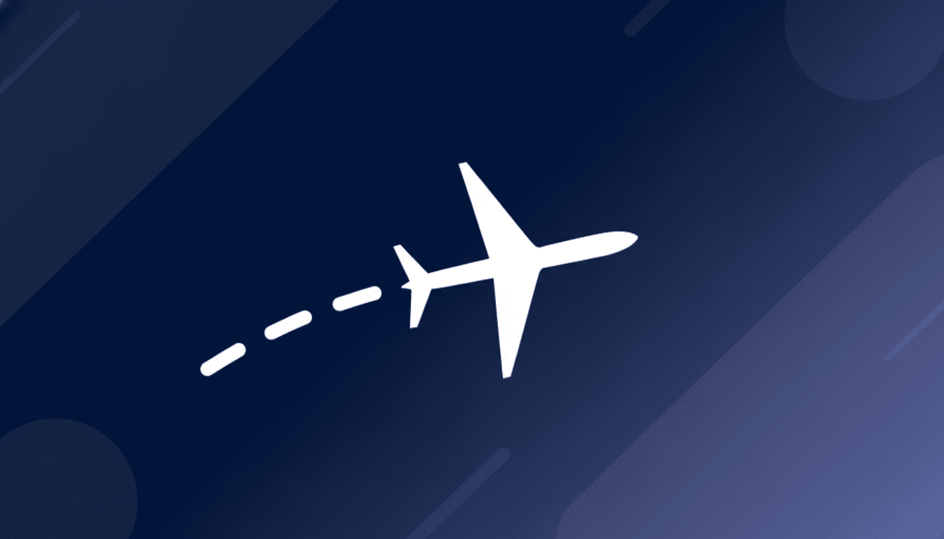A white airplane icon with a dashed line trailing behind it, set against a professional flat design background with soft blue and purple gradients and subtle geometric patterns.