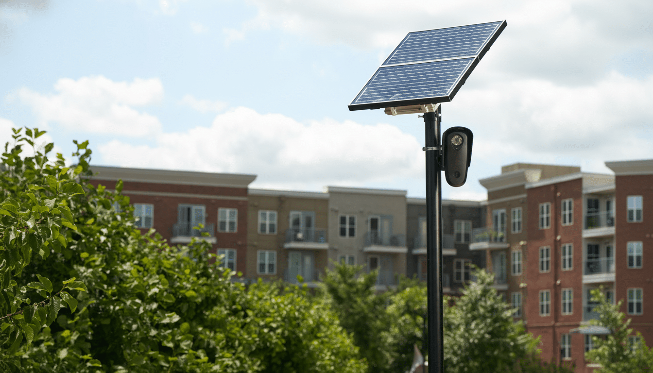 A solar panel and security camera mounted on a pole, with residential buildings and trees in the background under a cloudy sky.