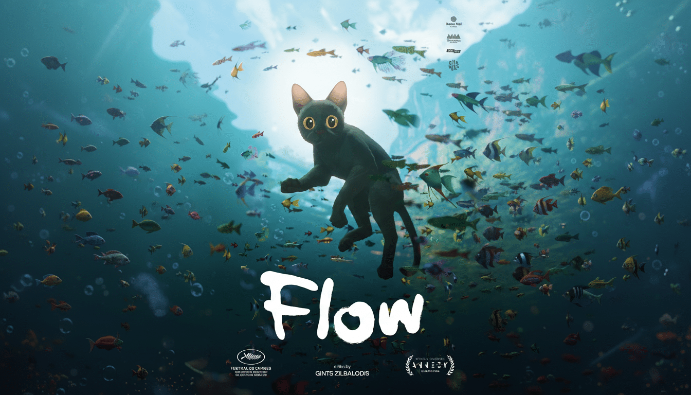 A black cat with large yellow eyes swims underwater surrounded by many colorful fish, with the word Flow in white at the bottom.