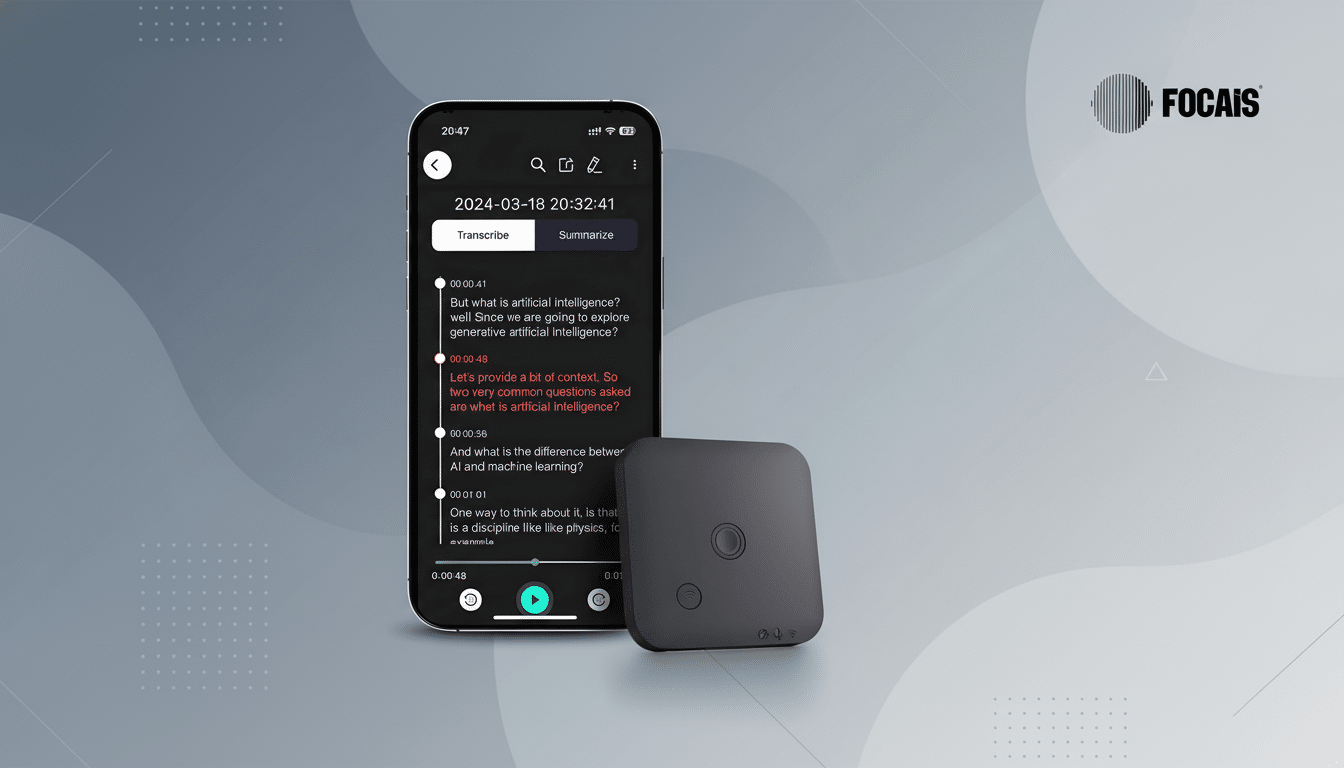 A smartphone displaying a transcription app next to a small, dark gray square device, all set against a professional flat design background with soft patterns and gradients.