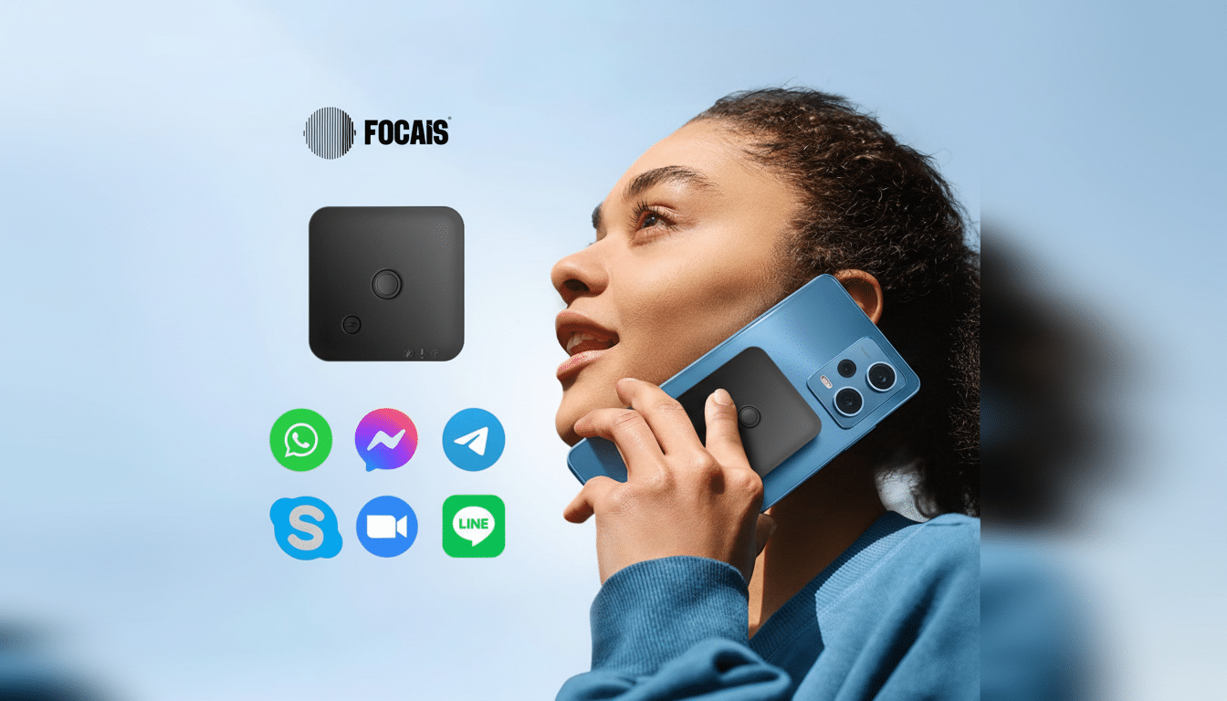 A woman holding a blue smartphone with a black square device attached to its back, looking upwards. To her left, a larger image of the black square device is displayed above six social media app icons (WhatsApp, Messenger, Telegram, Skype, WeChat, and Line). The FOCAIS logo is at the top left. The background is a soft gradient of light blue and white.