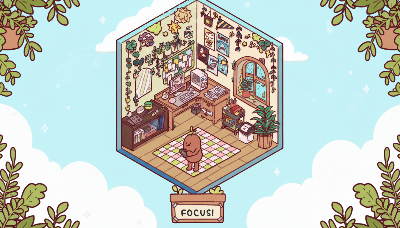 A cute, potato-like character with a sprout on its head stands on a checkered rug in a cozy, plant-filled room, holding a small device. The room features a desk with a computer, shelves, and various posters on the walls. The image has been resized to a 16:9 aspect ratio with added decorative leaves on the sides.