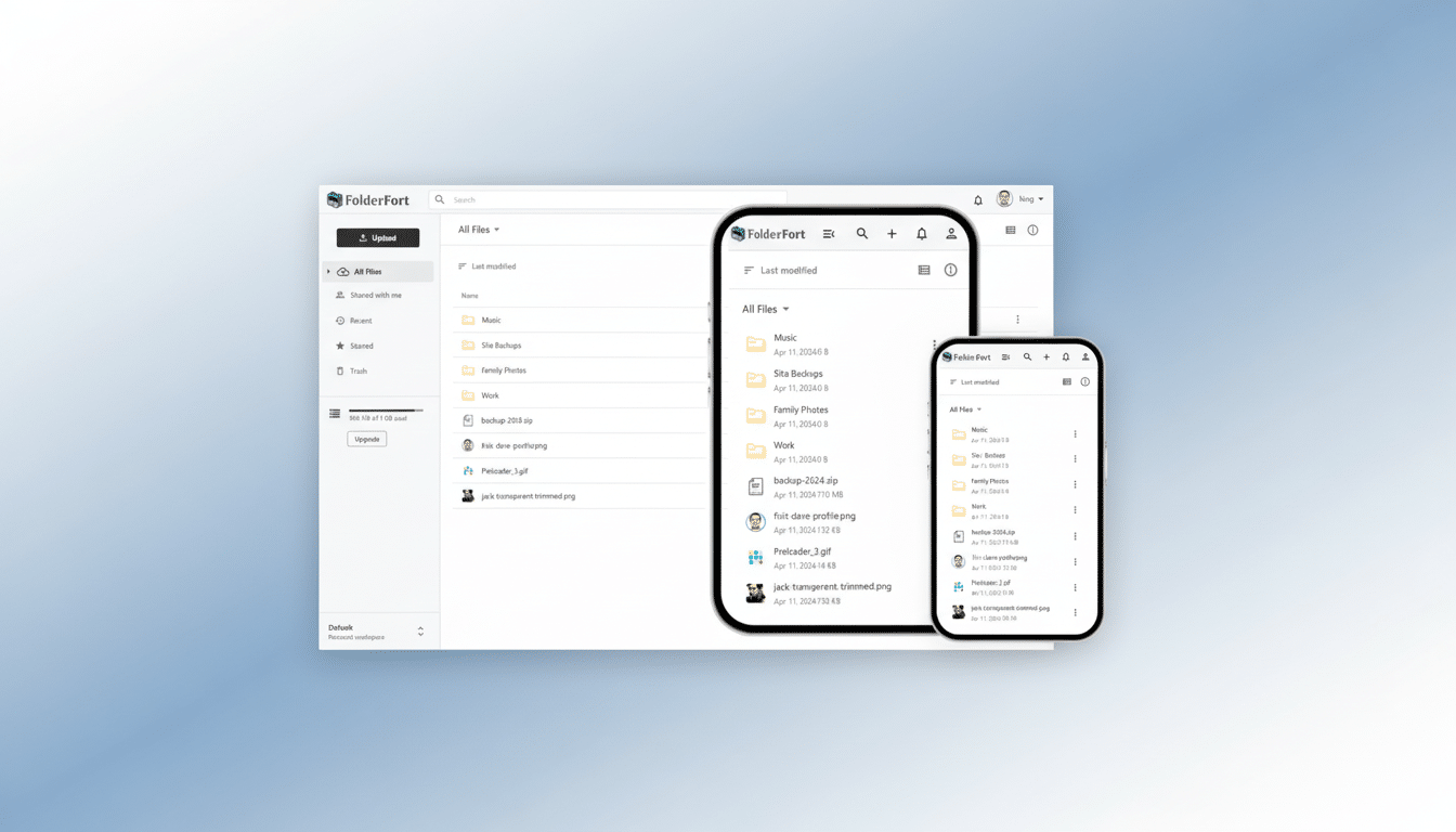 A professional, enhanced image of the FolderFort file management interface, displayed on a desktop and a mobile device, set against a clean, soft gradient background.