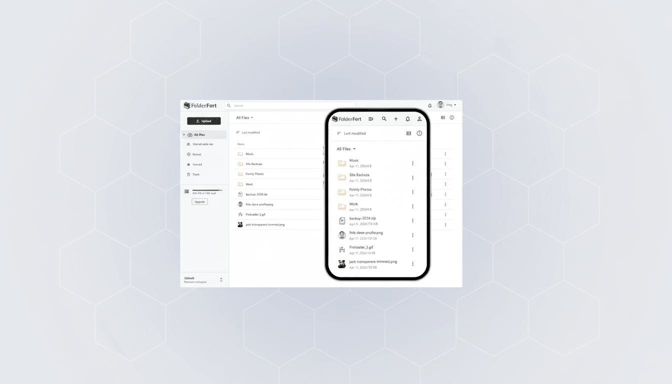 A professional, enhanced image of the FolderFort file management interface, displayed on both a desktop and a mobile device, set against a clean, light gray background with a subtle geometric pattern.