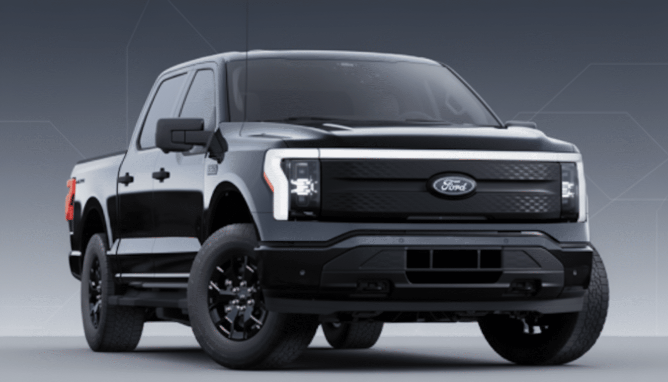 A black Ford F-150 Lightning electric pickup truck is shown from a front three-quarter view, parked against a professional flat design background with soft gray patterns.