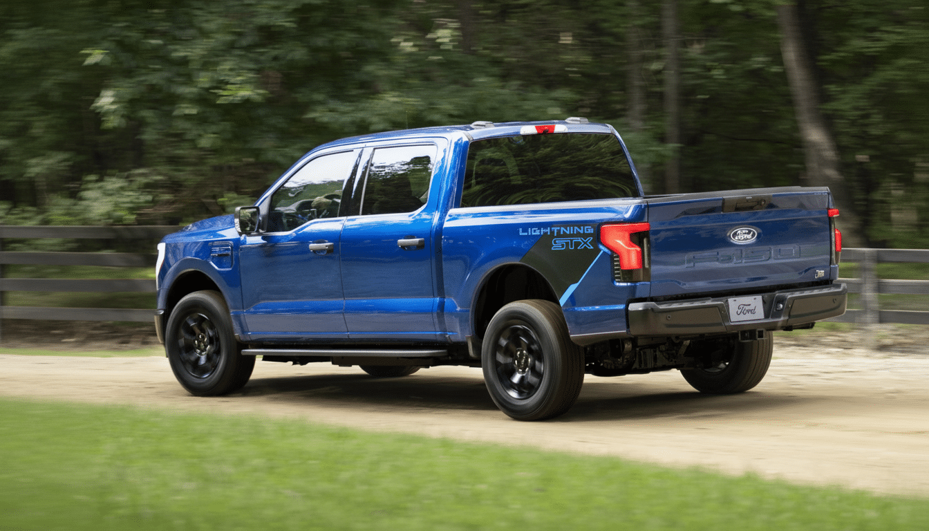 A blue Ford F-150 Lightning STX electric pickup truck driving on a dirt road with a forest in the background, resized to a 16:9 aspect ratio.
