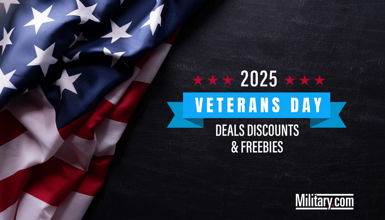 A 16:9 aspect ratio image for Veterans Day 2025, featuring a draped American flag on the left against a dark background. Text on the right reads 2025 VETERANS DAY with red stars, and below it, DEALS DISCOUNTS & FREEBIES in white. The Military.com logo is in the bottom right corner.