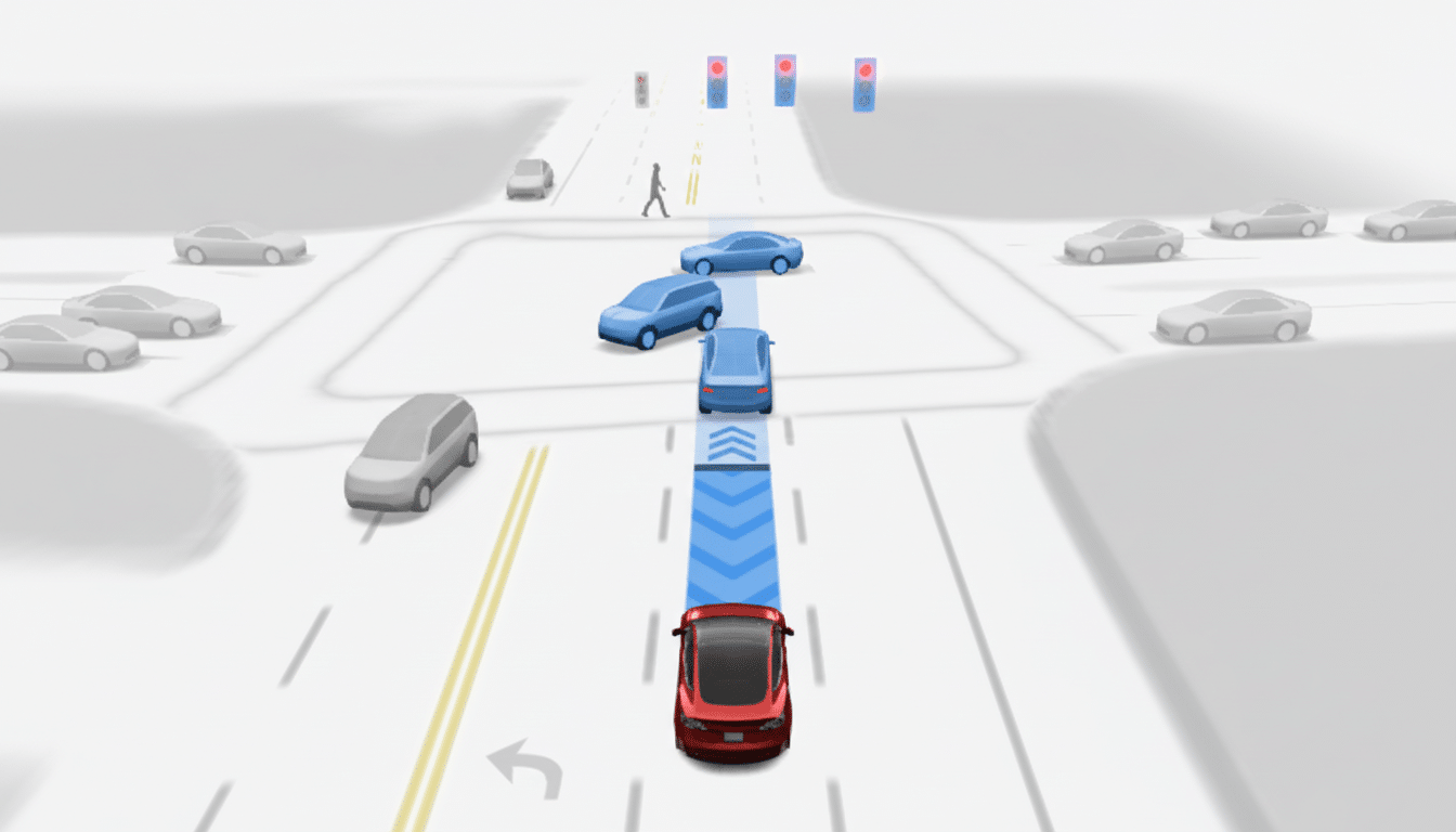 A red car with a blue highlighted path driving on a road with other cars and a pedestrian.