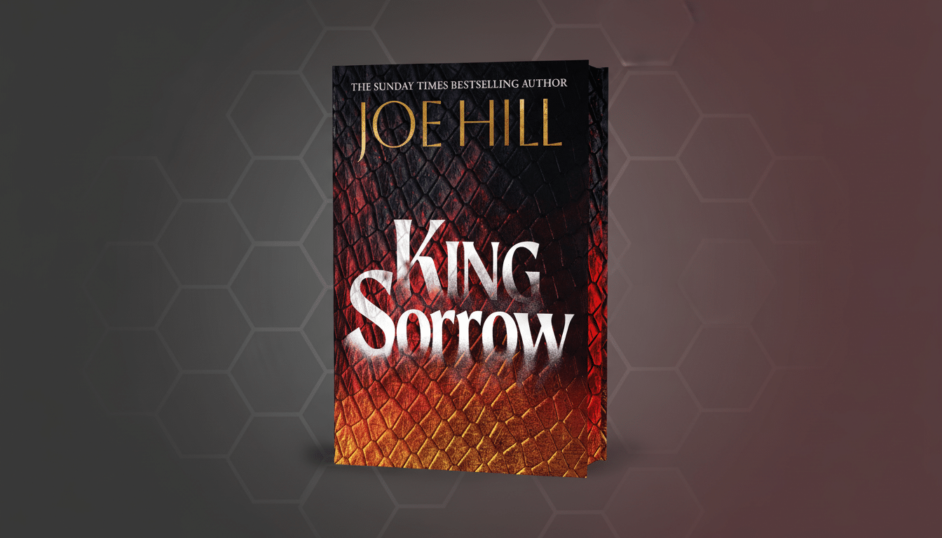 The book cover for King Sorrow by Joe Hill, featuring a textured, scale-like design in red and orange, with the title in white and the authors name in gold, presented on a professional dark gray background with a subtle hexagonal pattern.