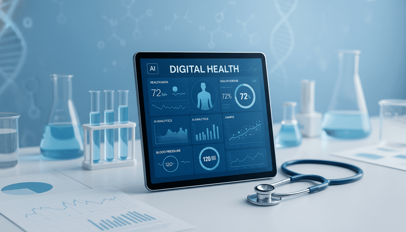 A tablet displaying DIGITAL HEALTH and various health data metrics, including heart rate, health status, AI analytics, blood pressure, and charts, is centered on a white desk. To the left, test tubes with blue liquid are in a rack, and a beaker is partially visible. To the right, a stethoscope rests on the desk, and another beaker with blue liquid is in the background. The overall background features a subtle DNA strand pattern.