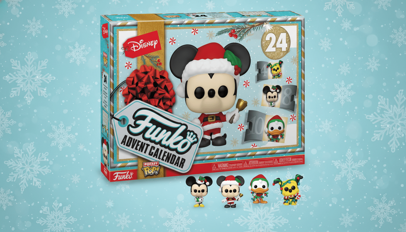 A Funko Pop! Disney Advent Calendar featuring Mickey Mouse in a Santa suit, with a festive snowflake background.
