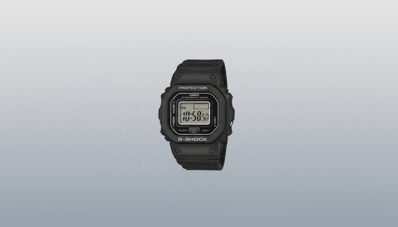 A black Casio G-Shock digital watch with a professional flat design background featuring soft hexagonal patterns.