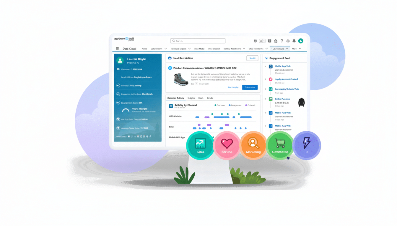 A professional, enhanced image of a Northern Trail Trailblazer CRM dashboard, resized to a 16:9 aspect ratio. The dashboard displays customer information, product recommendations, activity by channel, and engagement metrics, with icons for Sales, Service, Marketing, Commerce, and IT at the bottom. The background is a clean, professional flat design with soft patterns and gradients, while the dashboard itself remains unchanged.