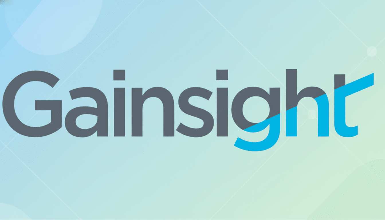 The Gainsight logo, featuring the word Gainsight in dark gray with a stylized blue h and a blue upward-sloping line, set against a professional flat design background with soft blue and green gradients and subtle geometric patterns.