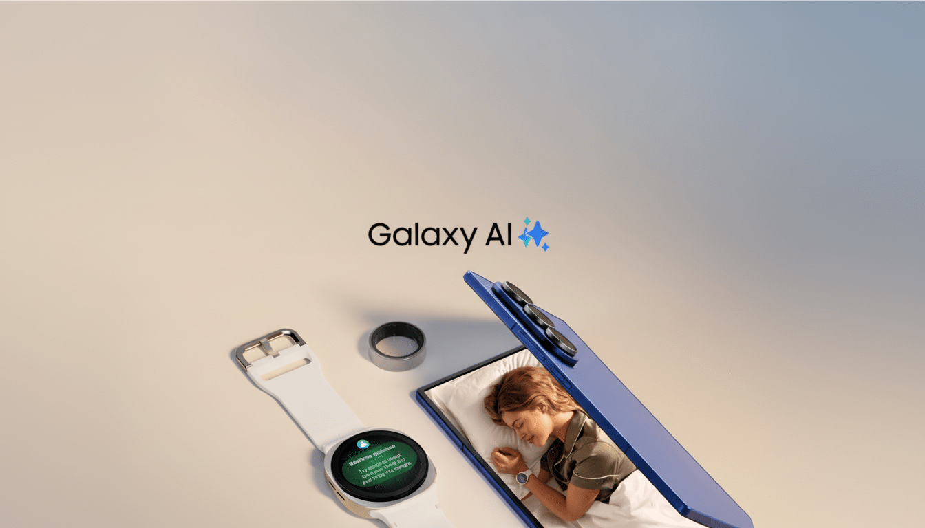 A Samsung Galaxy AI promotional image featuring a smartphone displaying a sleeping woman, a smartwatch, and a smart ring, all set against a soft gradient background.
