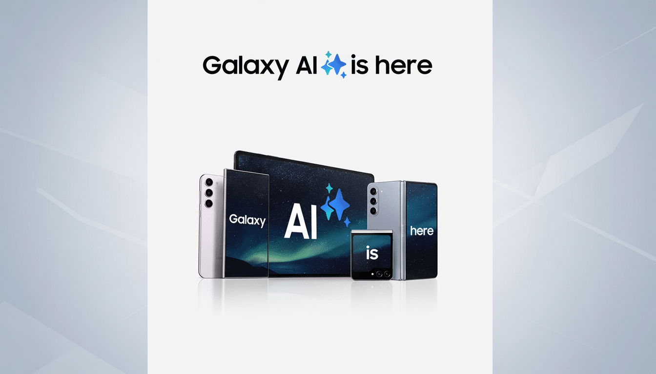 A professional image showcasing various Samsung Galaxy devices, including smartphones and a tablet, arranged to spell out Galaxy AI is here on their screens. The background is a clean, light gray with subtle, soft patterns.