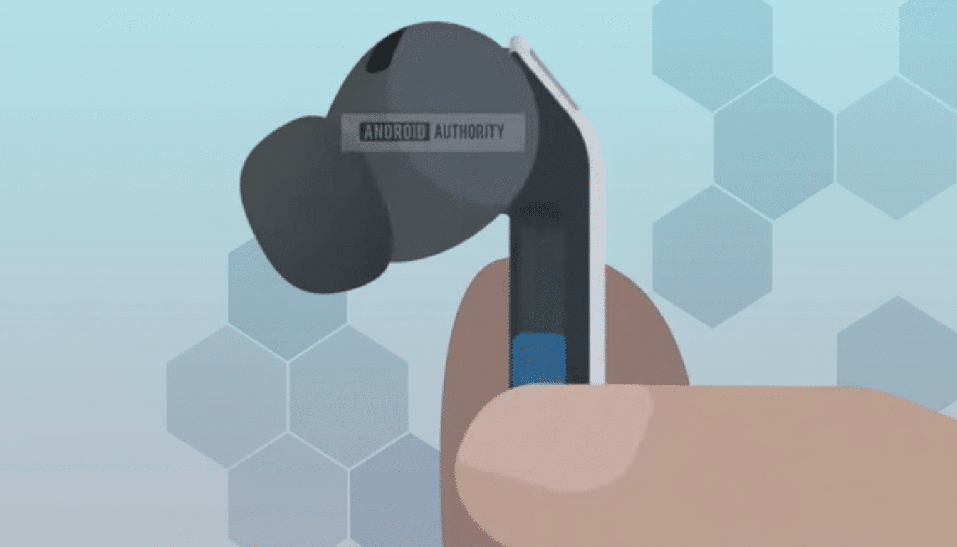 A hand holding a black earbud with a blue accent, set against a light blue background with a subtle hexagonal pattern.